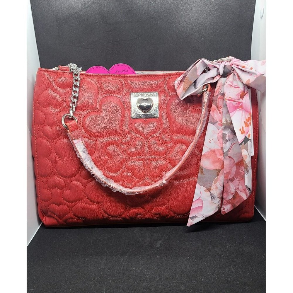 Betsey Johnson Red Heart Quilt Tote With Floral Scarf NEW